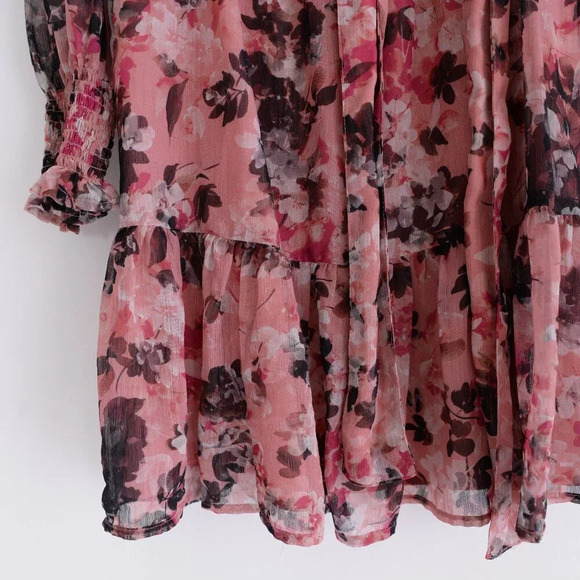 Rachel Parcell Floral Print Ruffle Chiffon  Blouson Maroon Midi Dress 4 - Picture 5 of 14